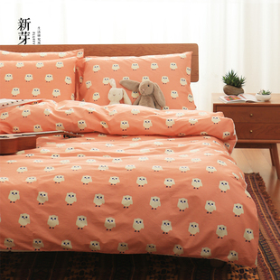 日式卡通小鸟童趣小清新简约几何抽象纯棉全棉四件套床上用品新品