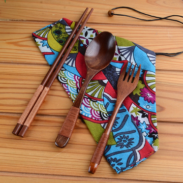 包邮木质筷子勺子叉子民族风布袋旅行便携餐具套装环保学生三件套