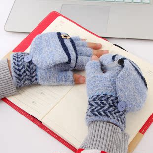 韩版手套翻盖分指手套冬季女士保暖半指手套学生写字办公两用手套