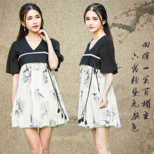 改良汉服襦裙女装中国风古装夏日常中式复古长款汉元素雪纺连衣裙