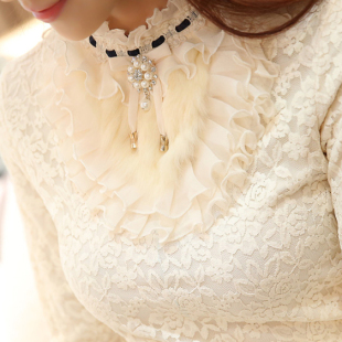 秋季韩版大码女装长袖女t恤冬天短款上衣小衫加绒高领蕾丝打底衫