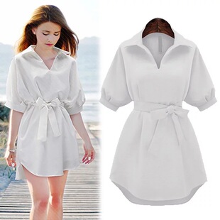 2016夏季短袖性感睡衣女纯棉宽松中长款白色衬衫裙睡裙家居服薄款
