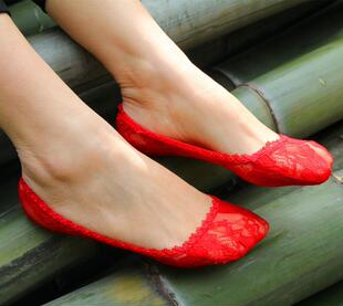女士结婚袜大红色袜子蕾丝隐形船袜套袜底豆豆鞋浅口皮鞋袜免包邮