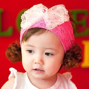 婴儿露顶假发帽 女童蕾丝遮脑门帽子 假发头饰 宝宝发带韩版头带