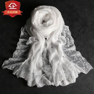 16围巾女士秋冬新款韩国正品真丝丝巾长款纯色蕾丝刺绣白色桑蚕丝
