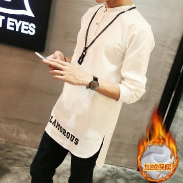 秋季韩版男士长袖衬衣青少年中长款修身型衬衫日系潮流字母白寸衫