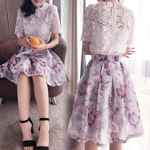 套装裙夏季2016女装韩版蕾丝高腰修身中长款两件套连衣裙A字裙子