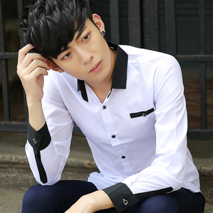 青少年长袖衬衫薄款男型男潮流青年印花男士春季修身韩版学生衬衣